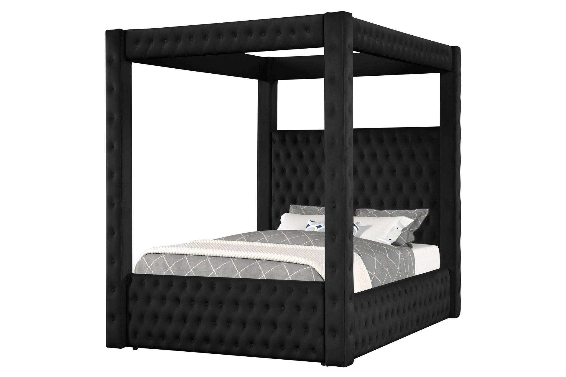 1pc Majestic Canopy Four-poster King Bed Tufted Headboard and Footboard Black Rich Velvet Fabric Bedroom Furniture Modern