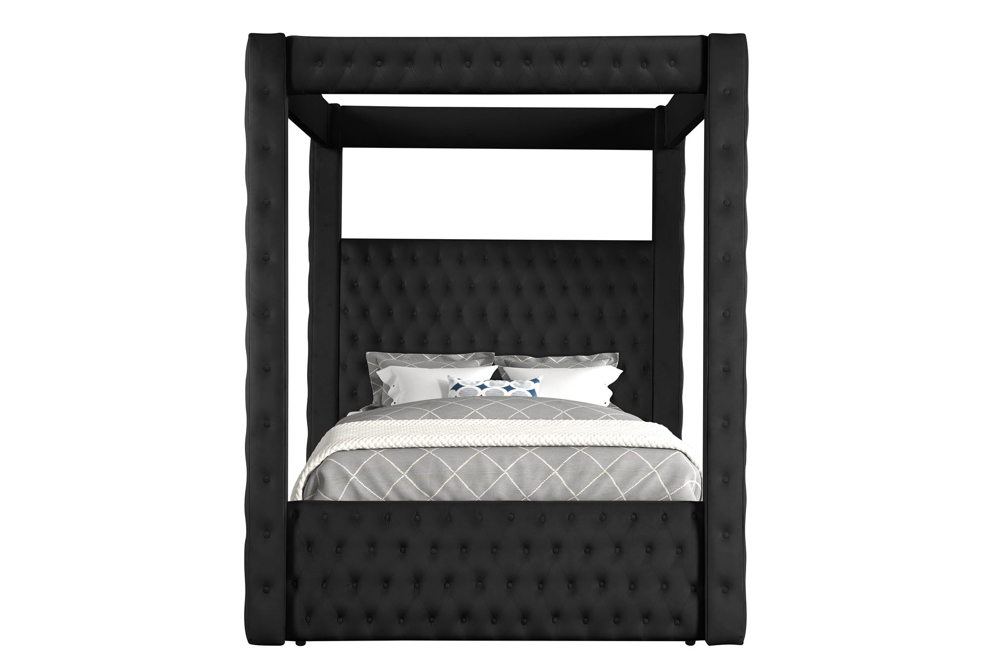 1pc Majestic Canopy Four-poster King Bed Tufted Headboard and Footboard Black Rich Velvet Fabric Bedroom Furniture Modern