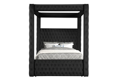 1pc Majestic Canopy Four-poster King Bed Tufted Headboard and Footboard Black Rich Velvet Fabric Bedroom Furniture Modern