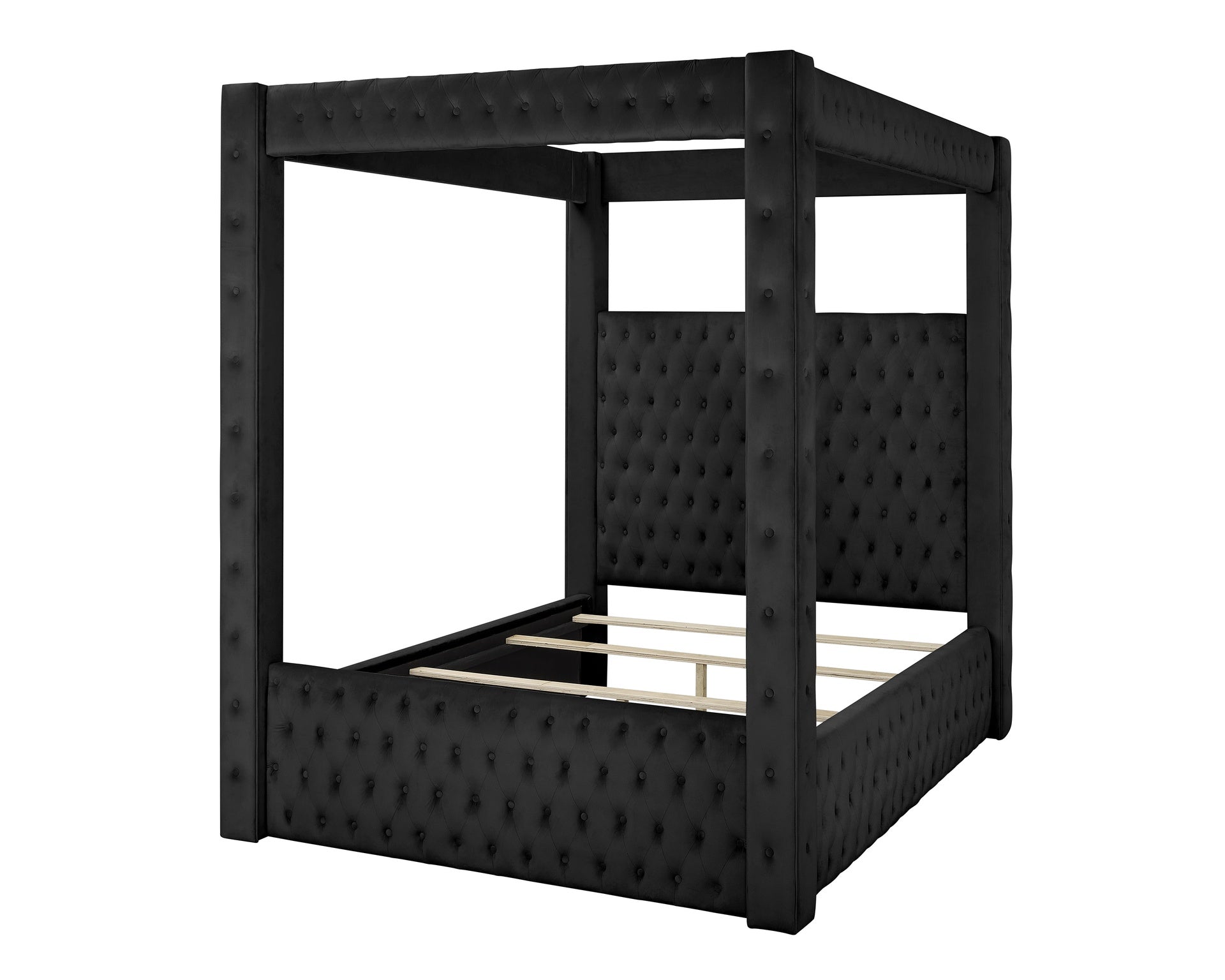 1pc Majestic Canopy Four-poster King Bed Tufted Headboard and Footboard Black Rich Velvet Fabric Bedroom Furniture Modern