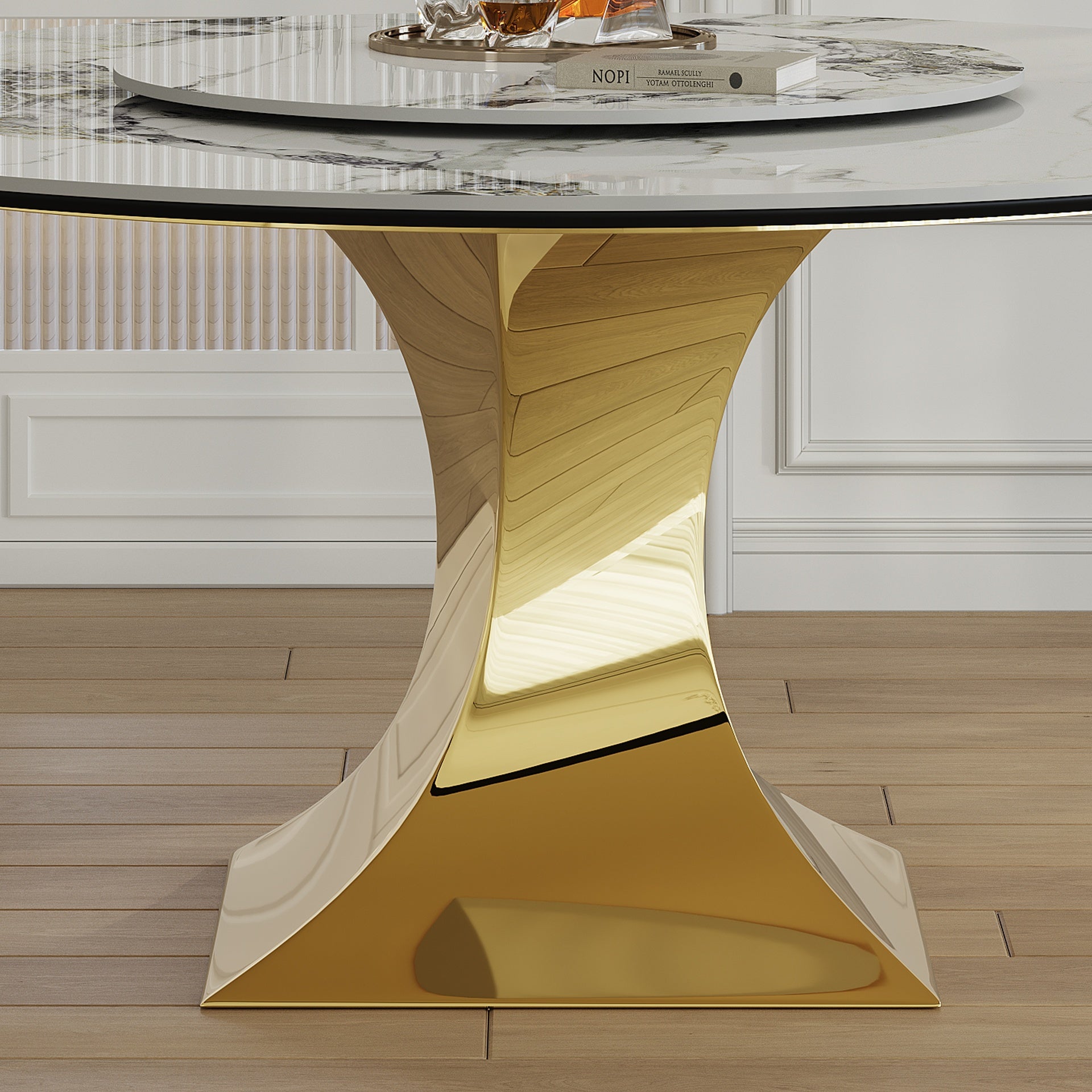 59" Round Sintered Stone Dining Table Set with Gold Stainless Steel Hourglass Base & 8 White Padded Chairs - Modern Luxury Marble-Look Kitchen Table for 6-8 People, Scratch & Heat Resistant Surface