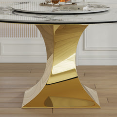 59" Round Sintered Stone Dining Table Set with Gold Stainless Steel Hourglass Base & 8 White Padded Chairs - Modern Luxury Marble-Look Kitchen Table for 6-8 People, Scratch & Heat Resistant Surface