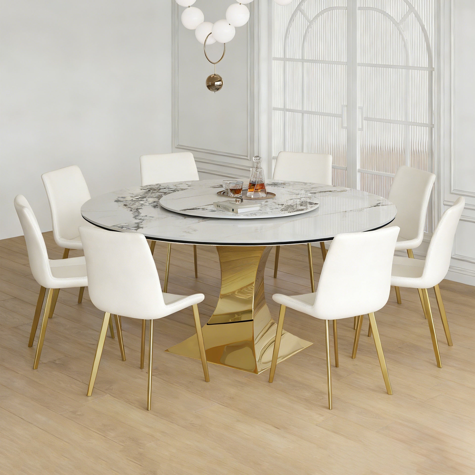 59" Round Sintered Stone Dining Table Set with Gold Stainless Steel Hourglass Base & 8 White Padded Chairs - Modern Luxury Marble-Look Kitchen Table for 6-8 People, Scratch & Heat Resistant Surface