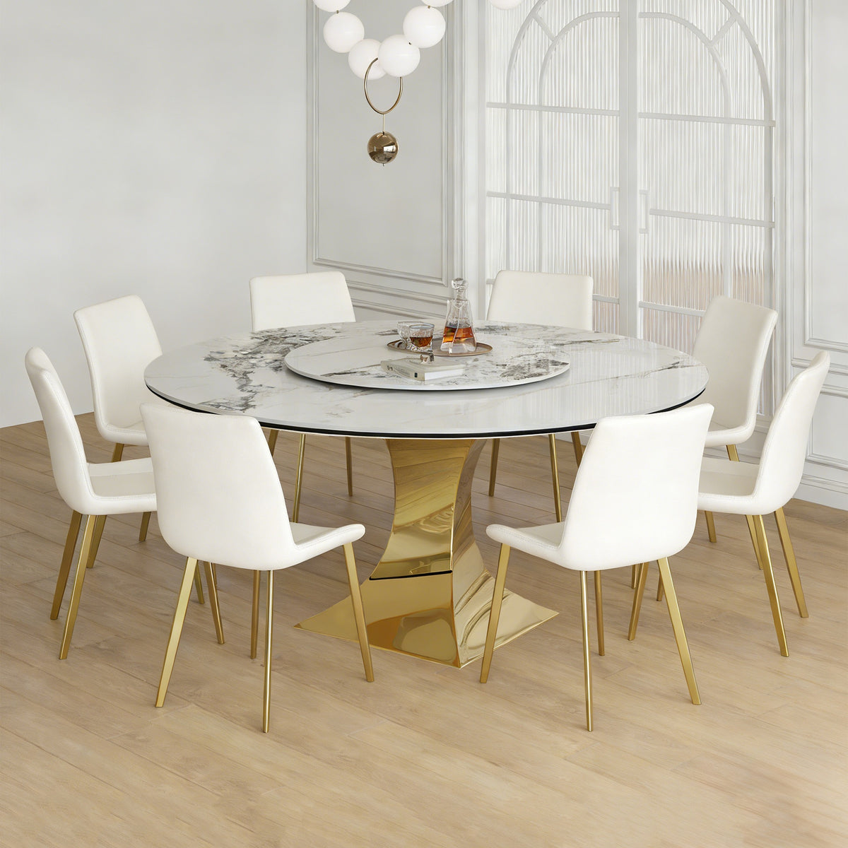 59" Round Sintered Stone Dining Table Set with Gold Stainless Steel Hourglass Base & 8 White Padded Chairs - Modern Luxury Marble-Look Kitchen Table for 6-8 People, Scratch & Heat Resistant Surface