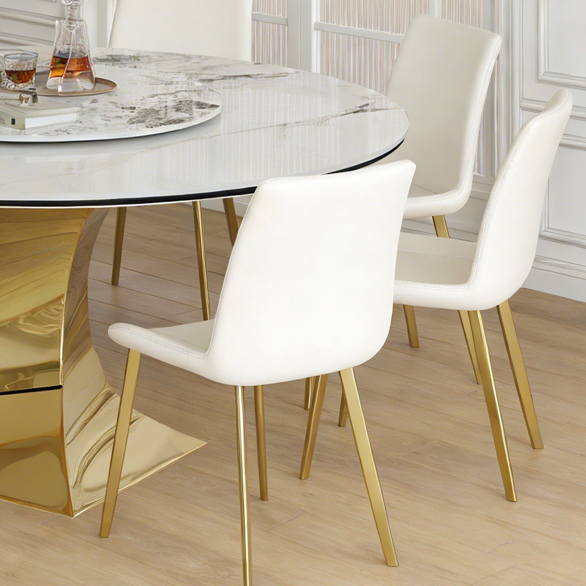 59" Round Sintered Stone Dining Table Set with Gold Stainless Steel Hourglass Base & 8 White Padded Chairs - Modern Luxury Marble-Look Kitchen Table for 6-8 People, Scratch & Heat Resistant Surface
