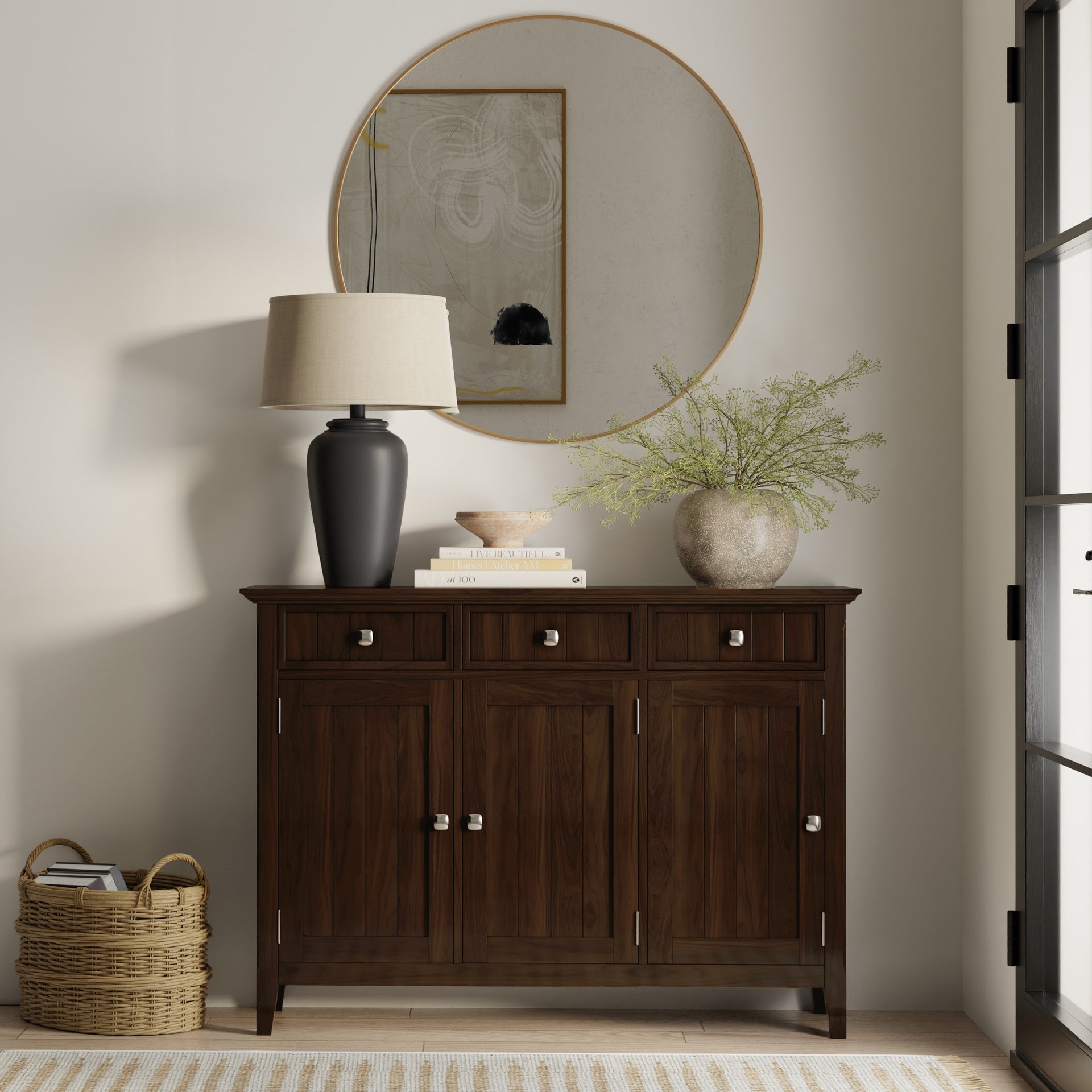 Acadian 51 inch Wide Solid Wood Entryway Storage Cabinet in Brunette Brown