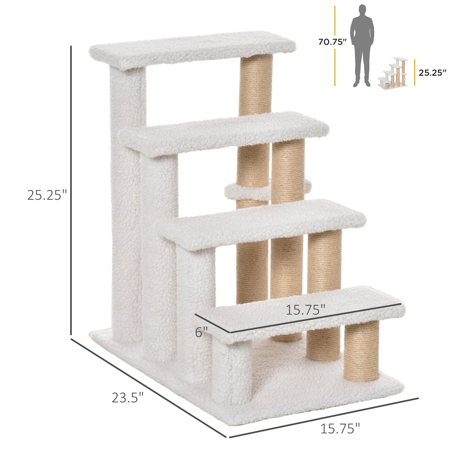 PawHut 4 Levels Cat Steps with Scratching Posts for High Bed, Sofa, White