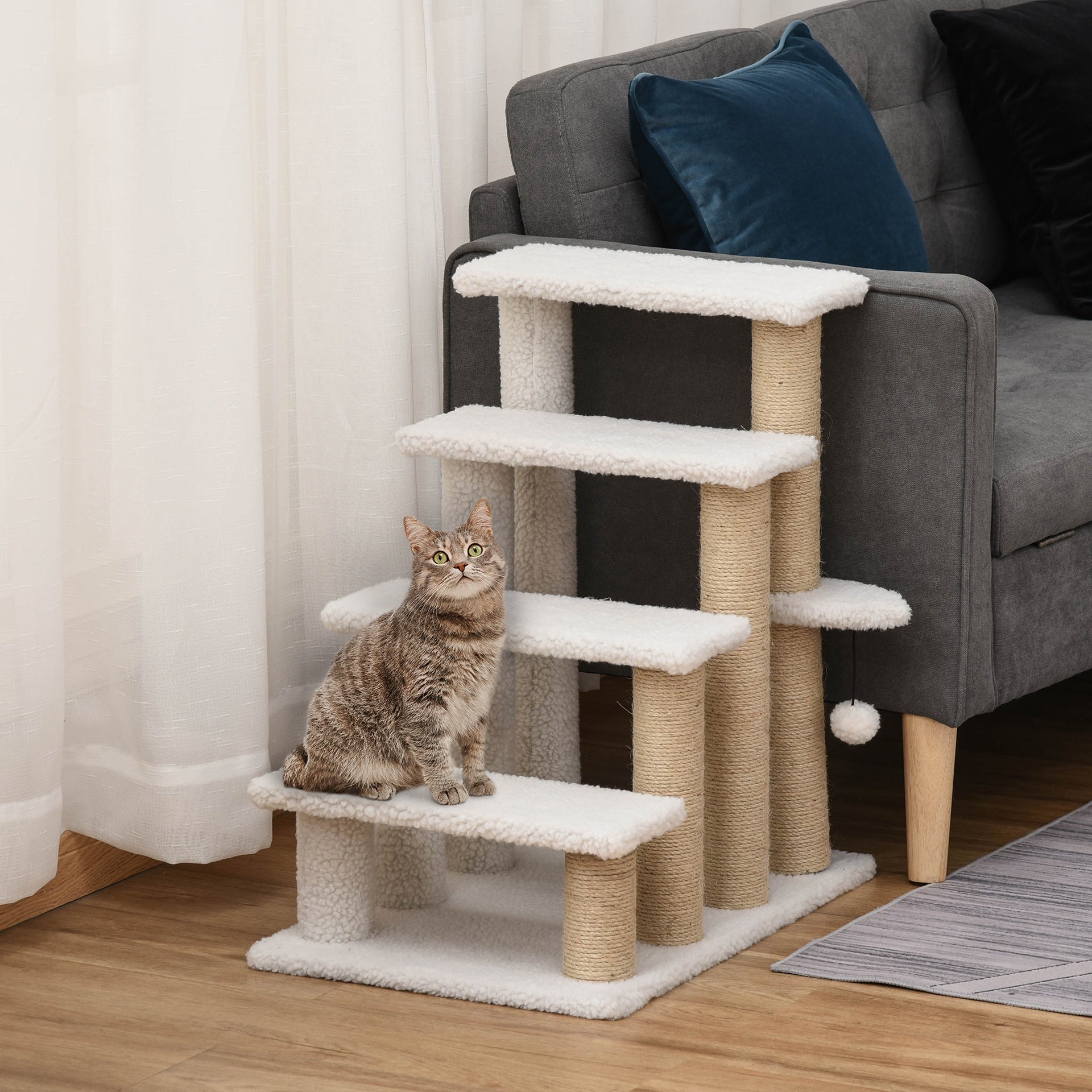 PawHut 4 Levels Cat Steps with Scratching Posts for High Bed, Sofa, White