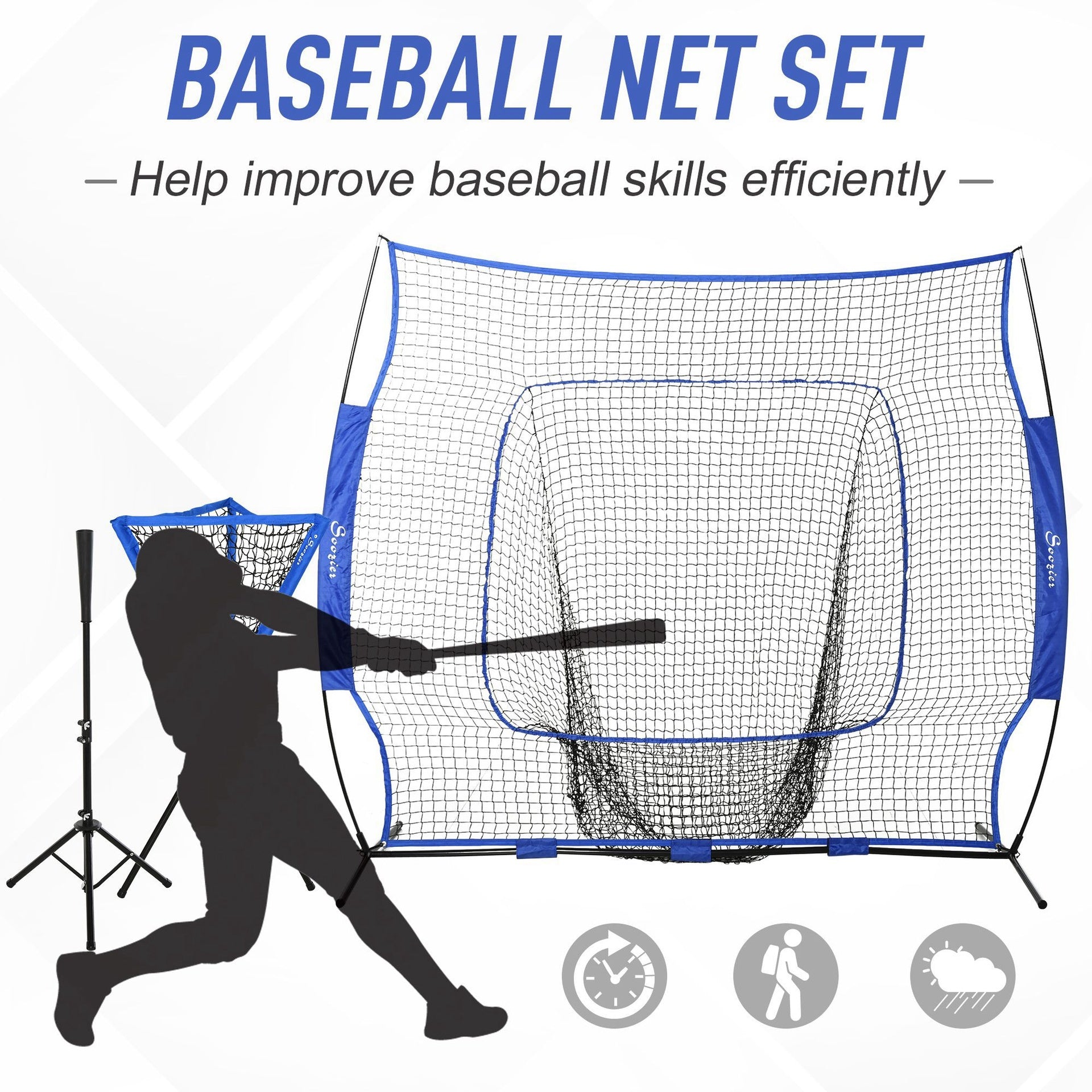 Soozier Baseball Net Set with 7.5x7ft Catcher Net, Ball Caddy, Portable Pitching Net for Hitting, Pitching, Batting, Catching, Blue