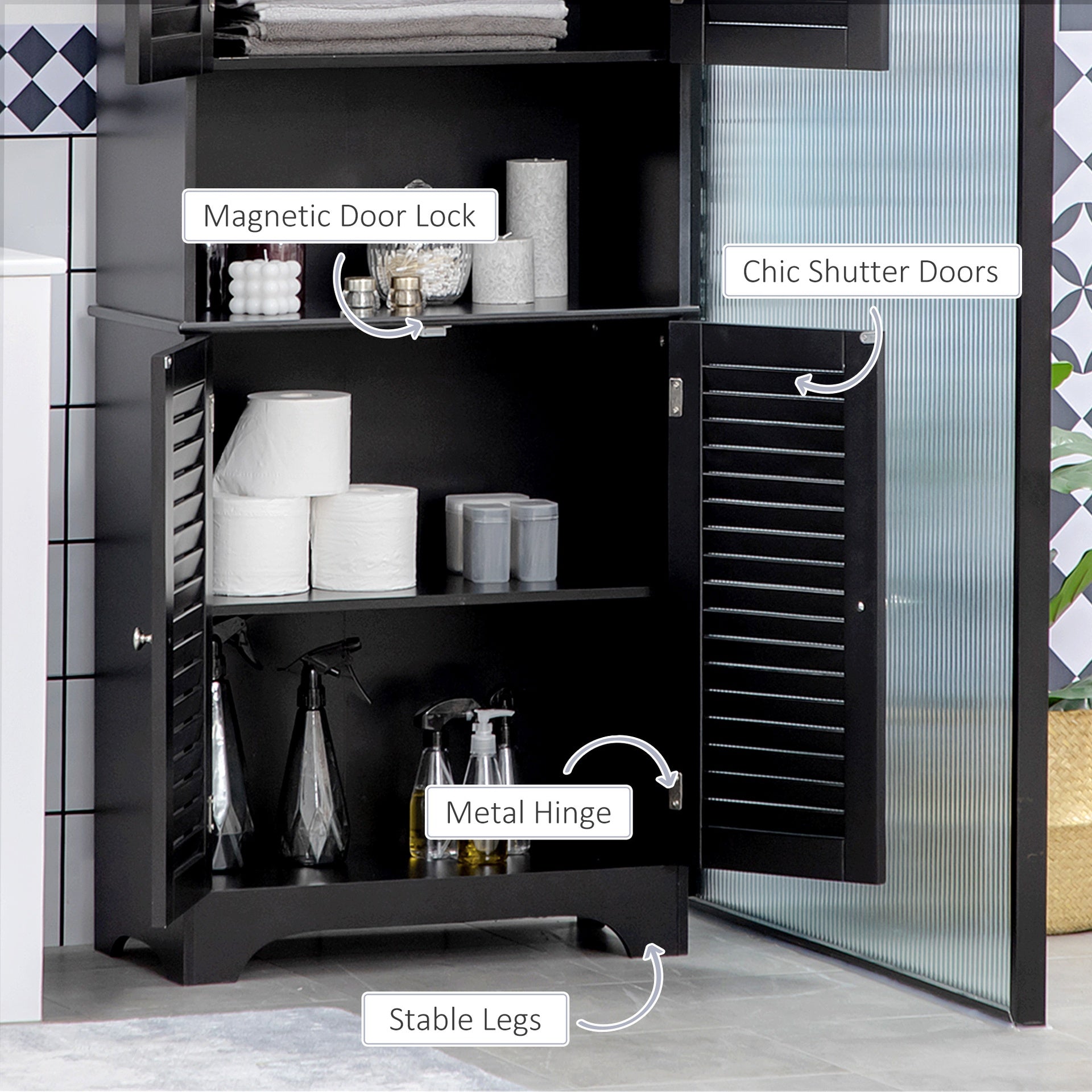 HOMCOM Tall Narrow Bathroom Storage Cabinet with Doors and Shelf Adjustability, Freestanding Linen Cabinet with 2 Cabinets and Countertop, Black