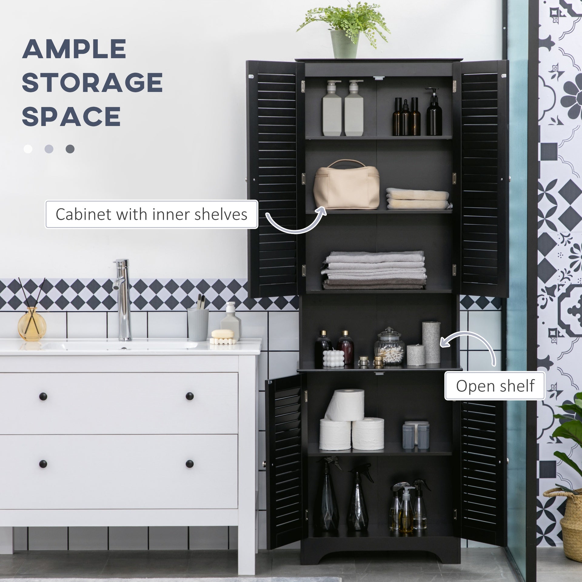HOMCOM Tall Narrow Bathroom Storage Cabinet with Doors and Shelf Adjustability, Freestanding Linen Cabinet with 2 Cabinets and Countertop, Black