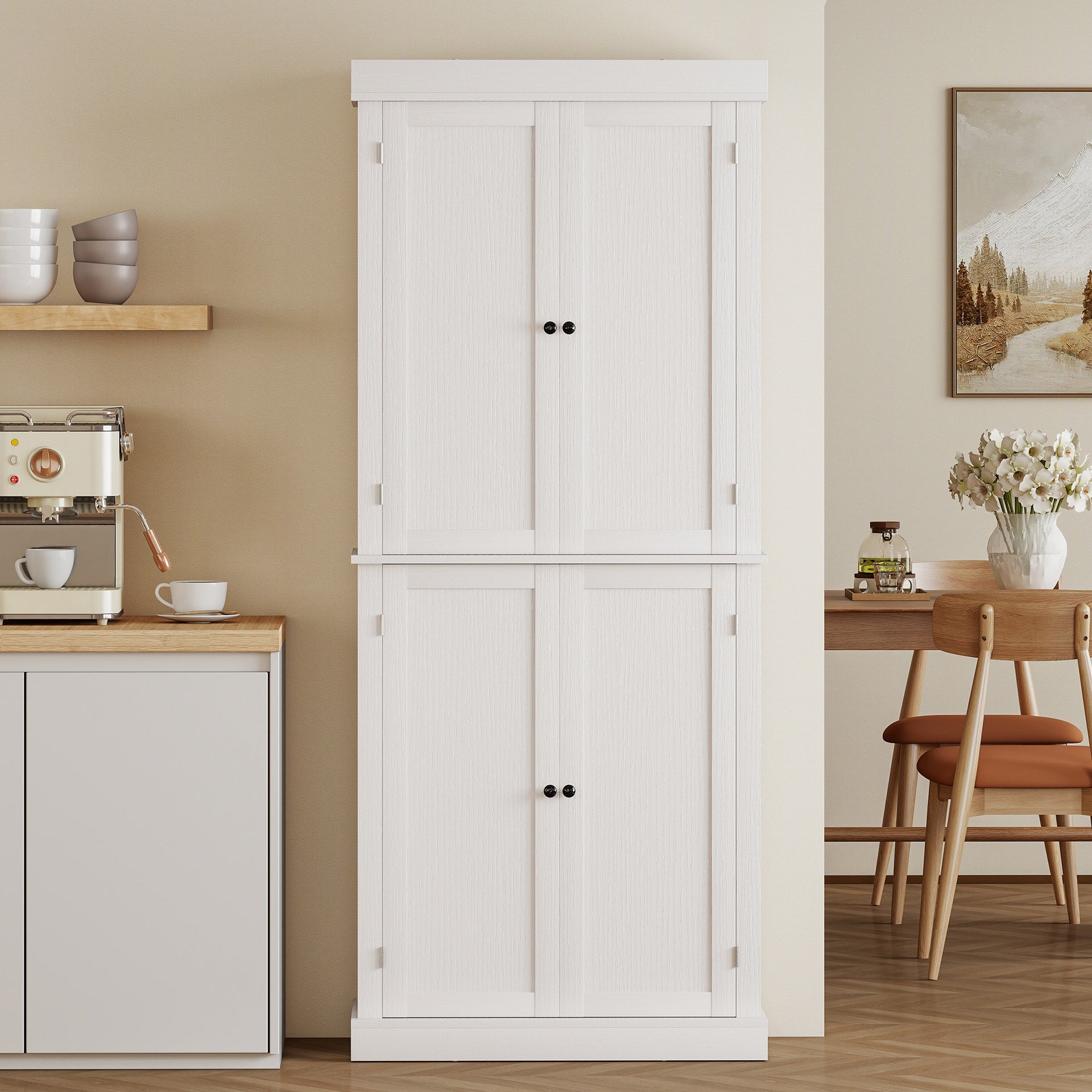 HOMCOM 72" Kitchen Cabinet, Pantry Storage Cabinet with Doors and Shelves, Freestanding Food Pantry Cabinet, White Wood Grain