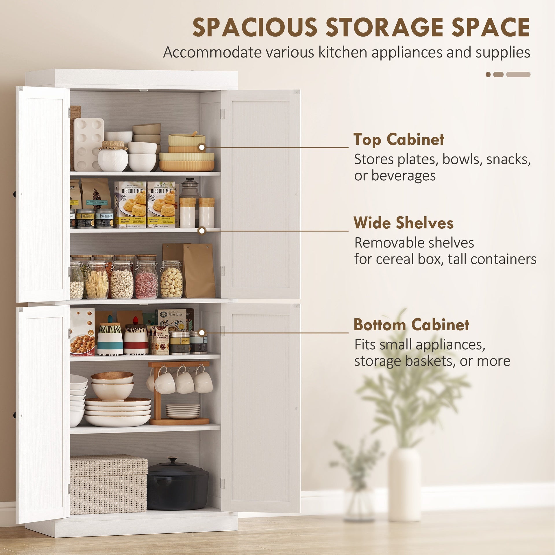HOMCOM 72" Kitchen Cabinet, Pantry Storage Cabinet with Doors and Shelves, Freestanding Food Pantry Cabinet, White Wood Grain