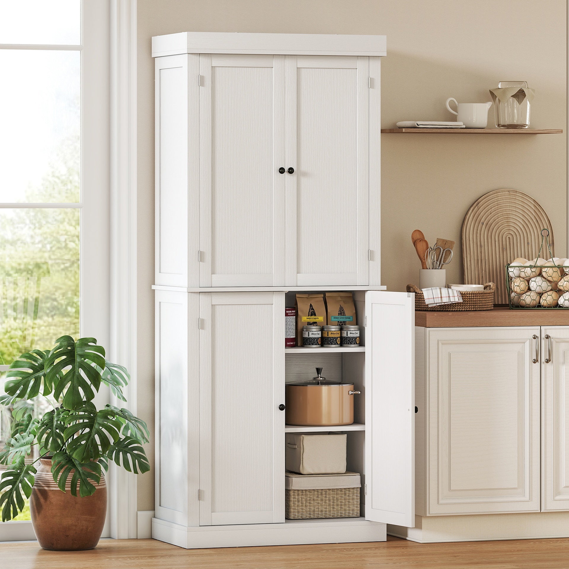 HOMCOM 72" Kitchen Cabinet, Pantry Storage Cabinet with Doors and Shelves, Freestanding Food Pantry Cabinet, White Wood Grain