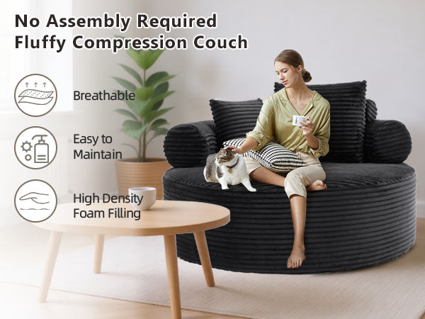 Round Sofa Bed with Memory Foam Sectional Couches for Living Room, Cloud Couch with three pillows, Black