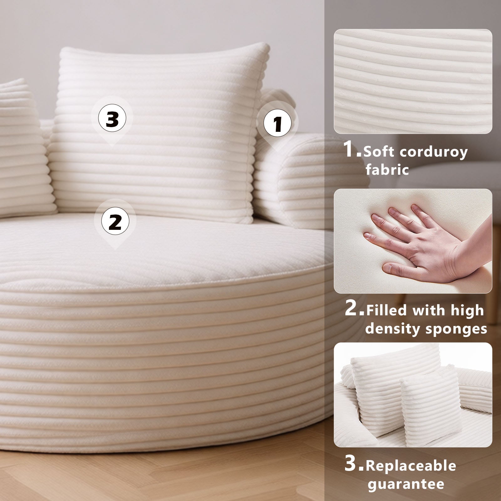 Round Sofa Bed with Memory Foam Sectional Couches for Living Room, Cloud Couch with three pillows, White