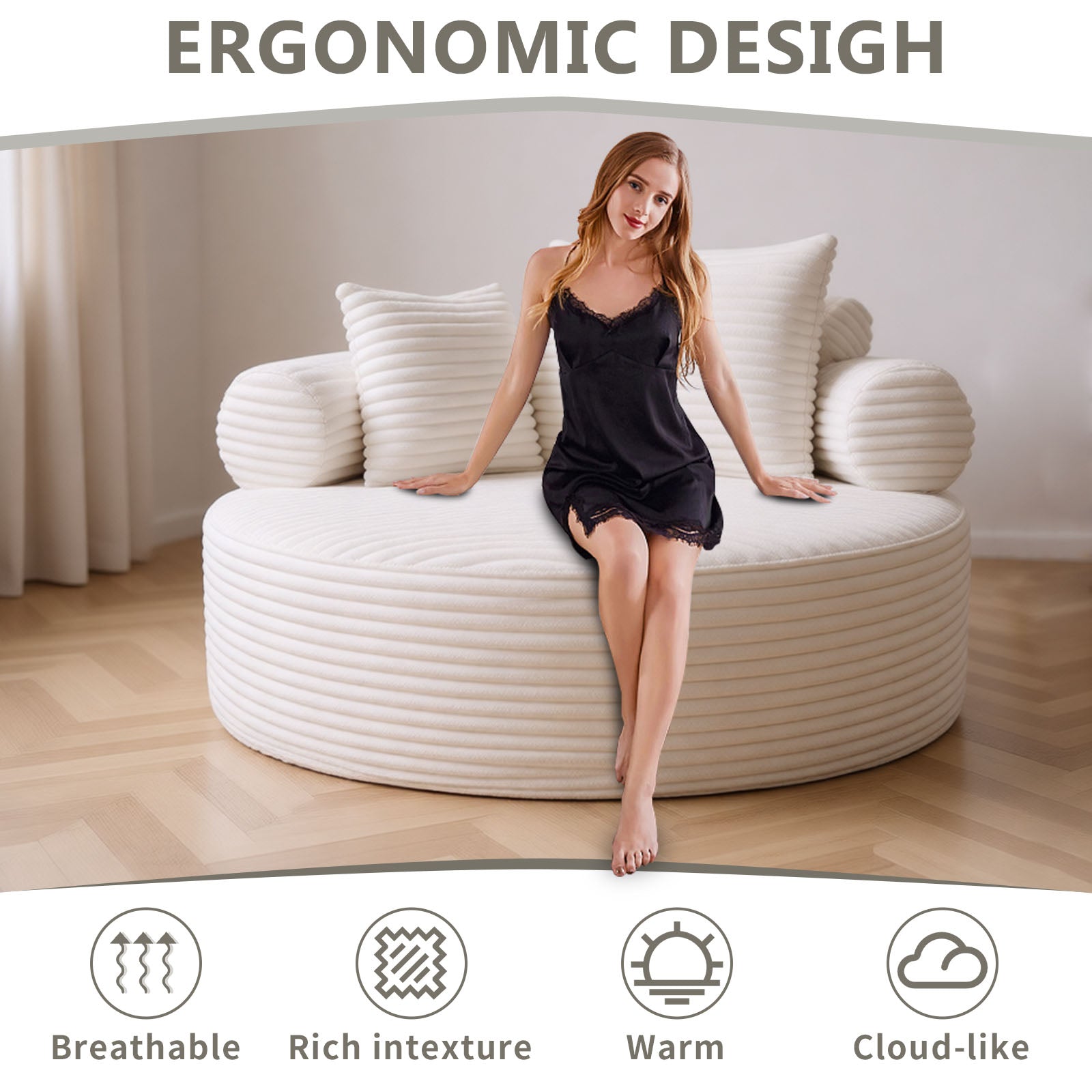 Round Sofa Bed with Memory Foam Sectional Couches for Living Room, Cloud Couch with three pillows, White