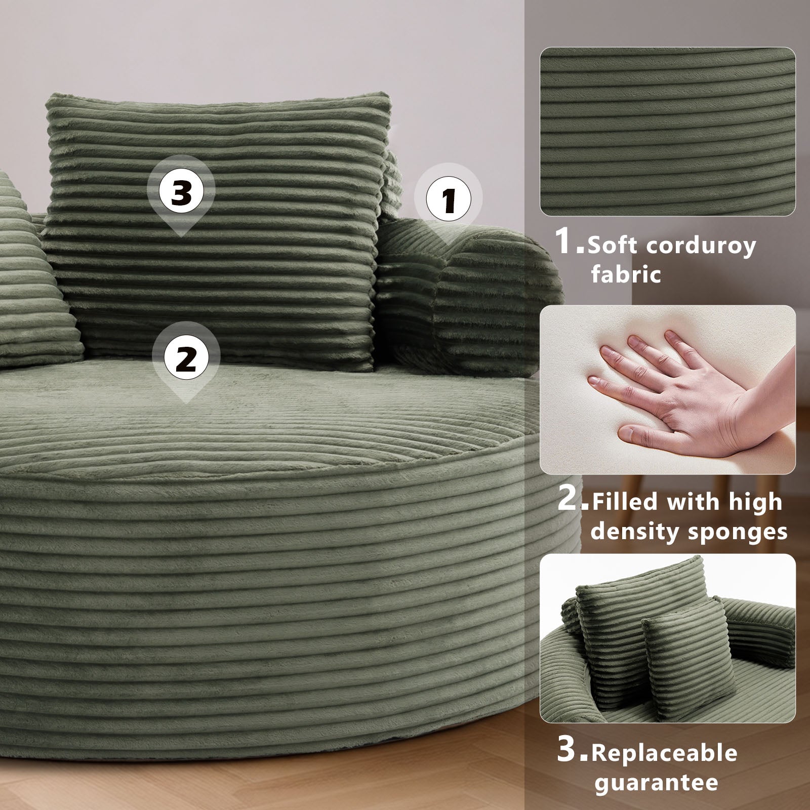 Round Sofa Bed with Memory Foam Sectional Couches for Living Room, Cloud Couch with three pillows, Green