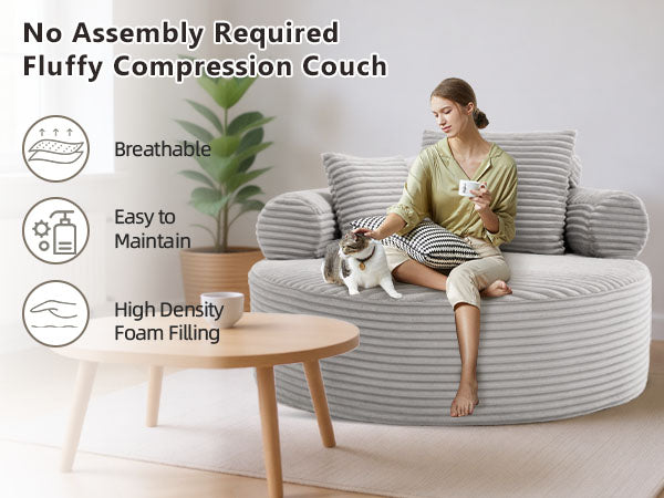 Round Sofa Bed with Memory Foam Sectional Couches for Living Room, Cloud Couch with three pillows, Grey