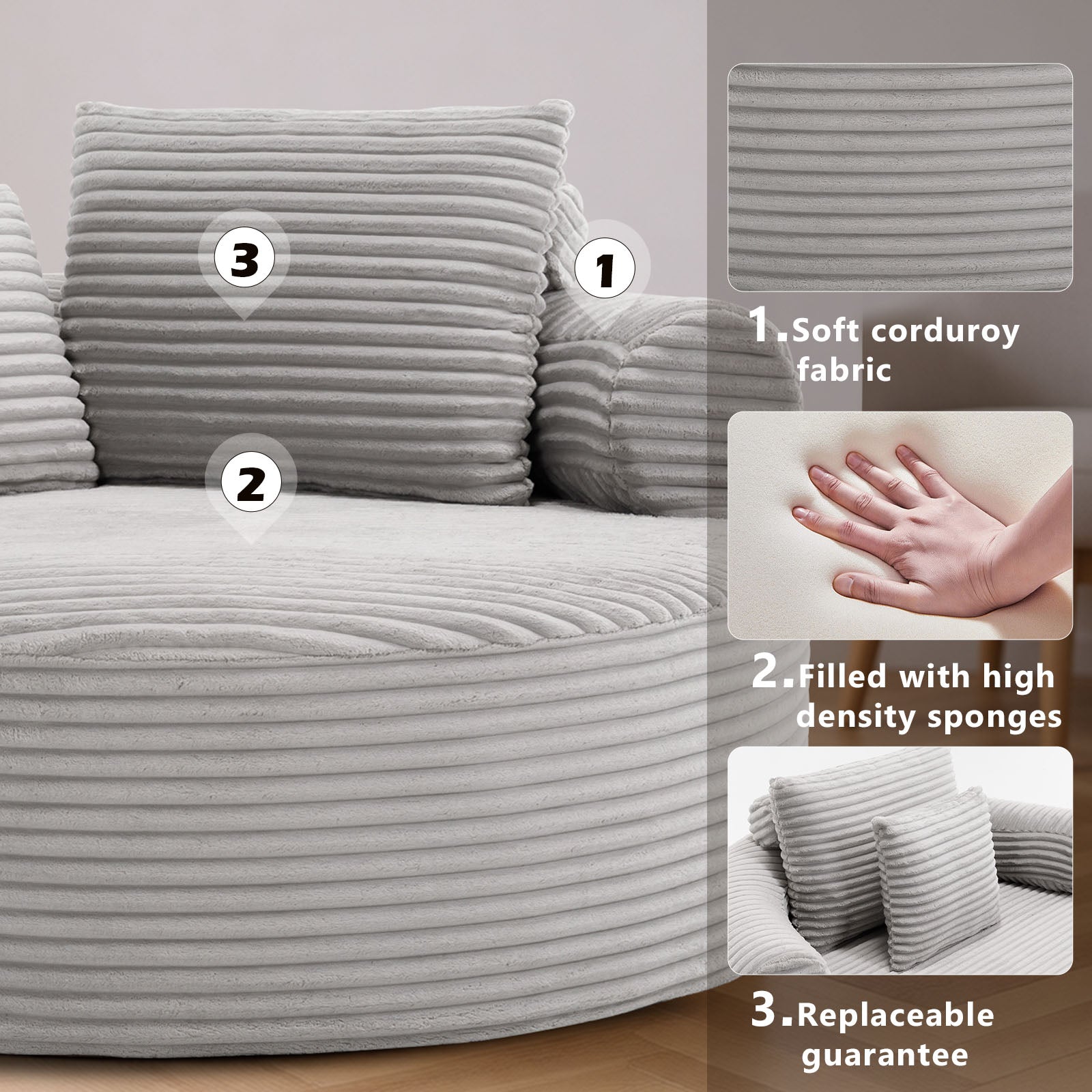 Round Sofa Bed with Memory Foam Sectional Couches for Living Room, Cloud Couch with three pillows, Grey