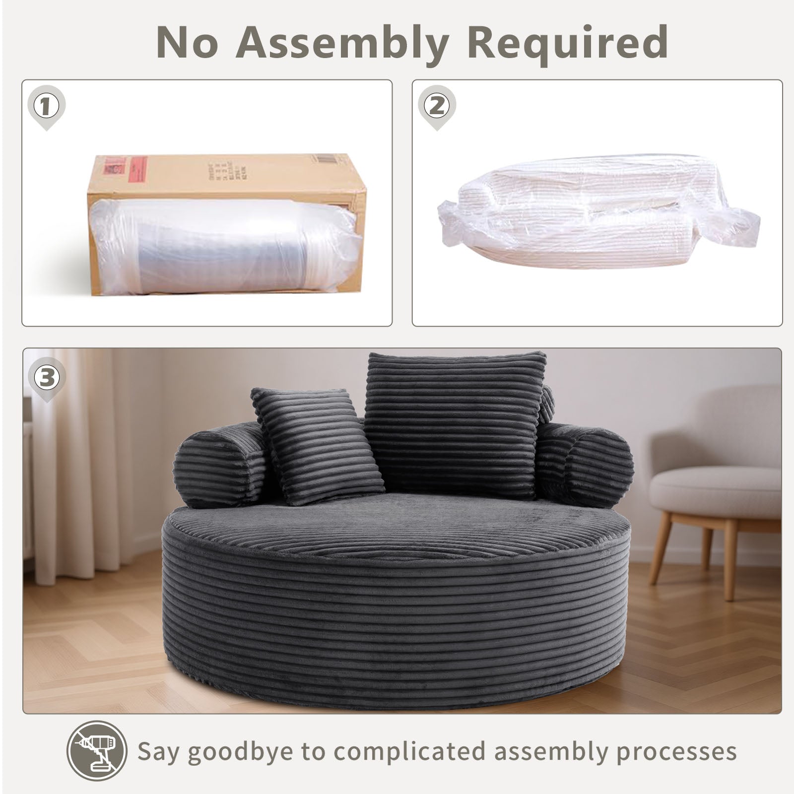 Round Sofa Bed with Memory Foam Sectional Couches for Living Room, Cloud Couch with three pillows, Grey