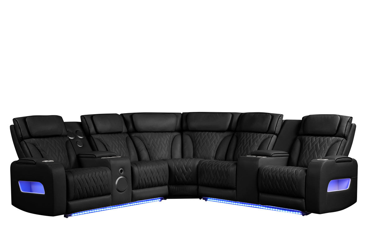 Jazmina 117"W Black Leather Aire Transformer Power Reclining Sectional Sofa with Power Headrest, Bluetooth Speakers, LED Lights, USB & USB-C Ports, Storage & Cupholders