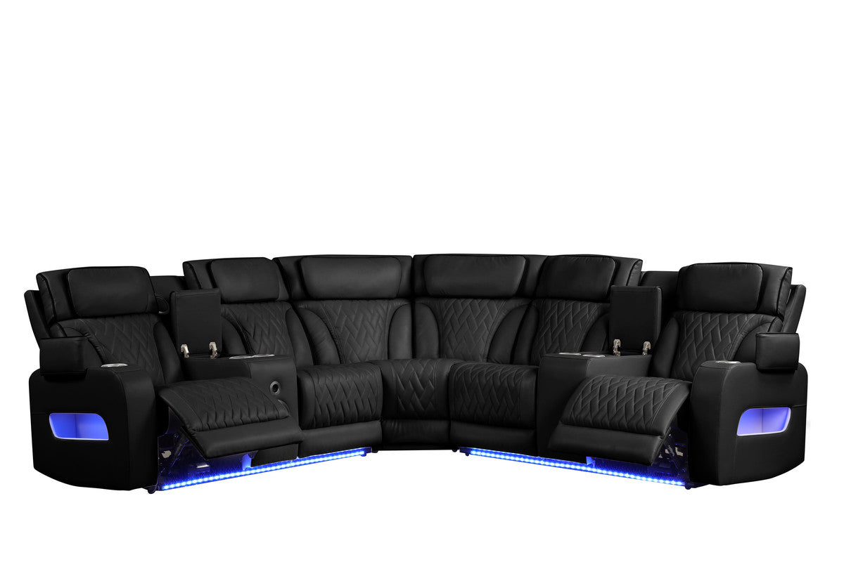 Jazmina 117"W Black Leather Aire Transformer Power Reclining Sectional Sofa with Power Headrest, Bluetooth Speakers, LED Lights, USB & USB-C Ports, Storage & Cupholders