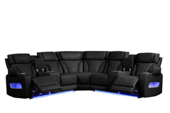 Jazmina 117"W Black Leather Aire Transformer Power Reclining Sectional Sofa with Power Headrest, Bluetooth Speakers, LED Lights, USB & USB-C Ports, Storage & Cupholders