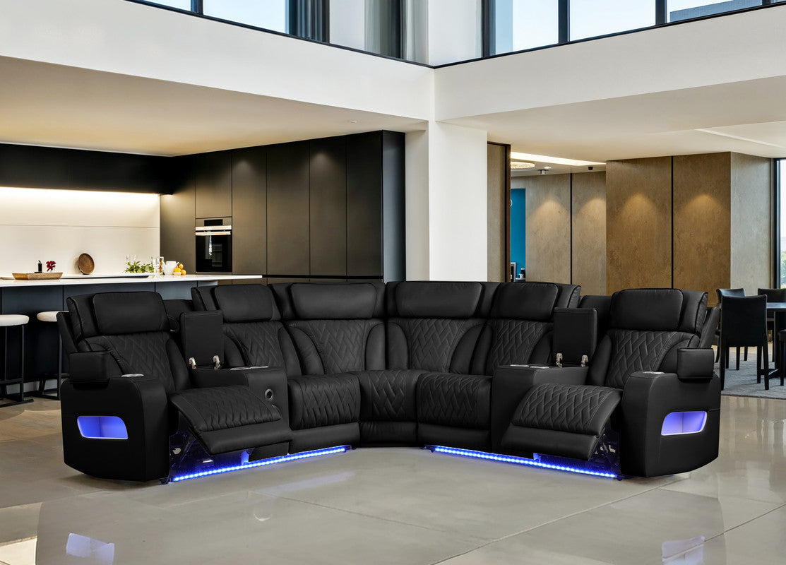 Jazmina 117"W Black Leather Aire Transformer Power Reclining Sectional Sofa with Power Headrest, Bluetooth Speakers, LED Lights, USB & USB-C Ports, Storage & Cupholders