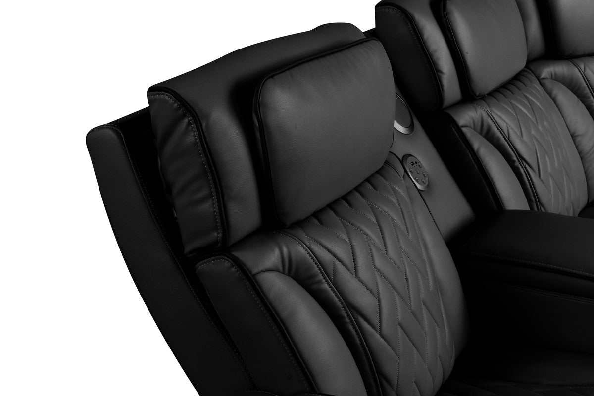 Jazmina 117"W Black Leather Aire Transformer Power Reclining Sectional Sofa with Power Headrest, Bluetooth Speakers, LED Lights, USB & USB-C Ports, Storage & Cupholders