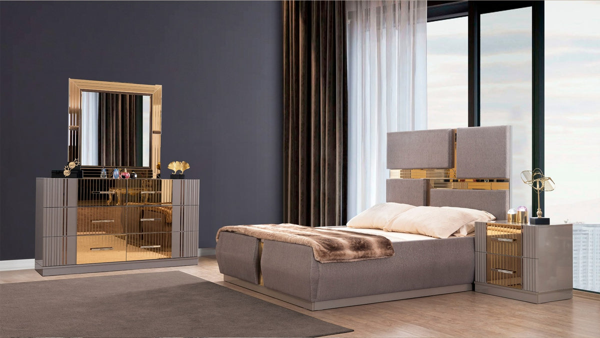 Lorenzo Queen 4 Pc Bedroom Set made with wood and gold accents in Gray