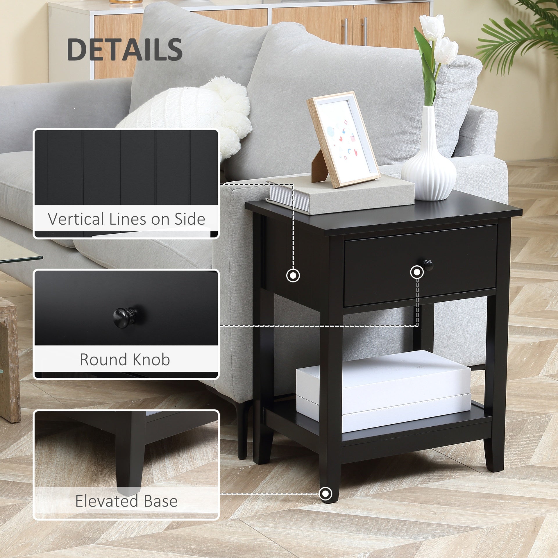 HOMCOM Modern Side Table for Living Room, End Table, 2-tier Side Table with Drawer and Storage Shelf, Black