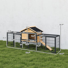 PawHut Wooden Rabbit Hutch Outdoor, 85" Large Bunny Cage with Steel Run, Removable Plastic Tray, Asphalt Roof, Ramp