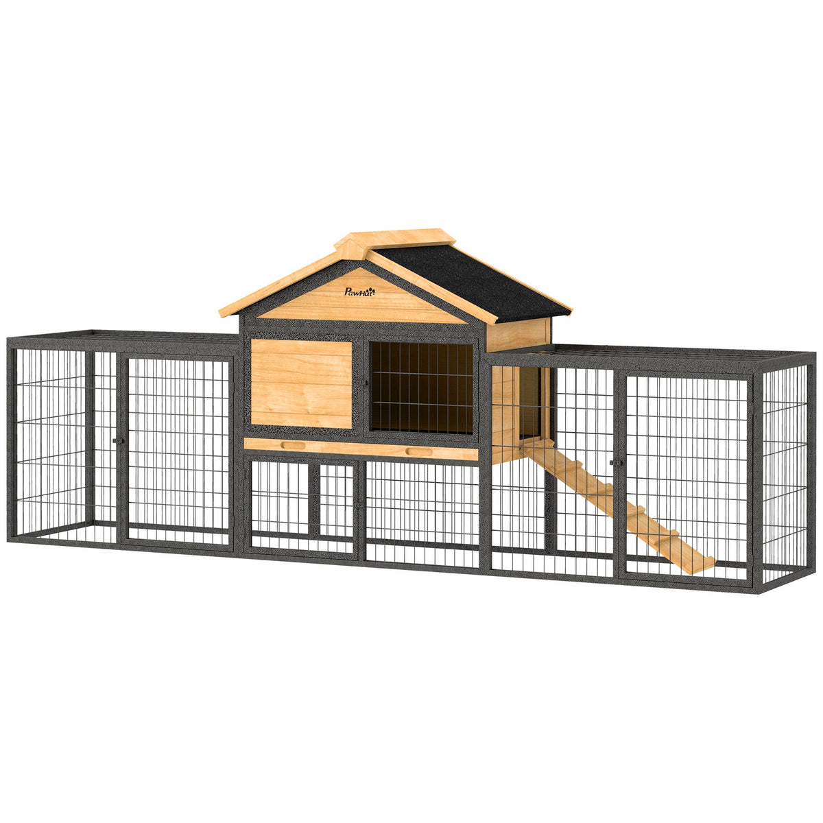 PawHut Wooden Rabbit Hutch Outdoor, 85" Large Bunny Cage with Steel Run, Removable Plastic Tray, Asphalt Roof, Ramp
