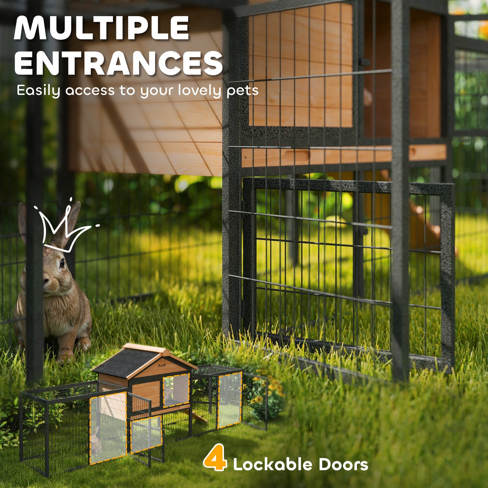 PawHut Wooden Rabbit Hutch Outdoor, 85" Large Bunny Cage with Steel Run, Removable Plastic Tray, Asphalt Roof, Ramp