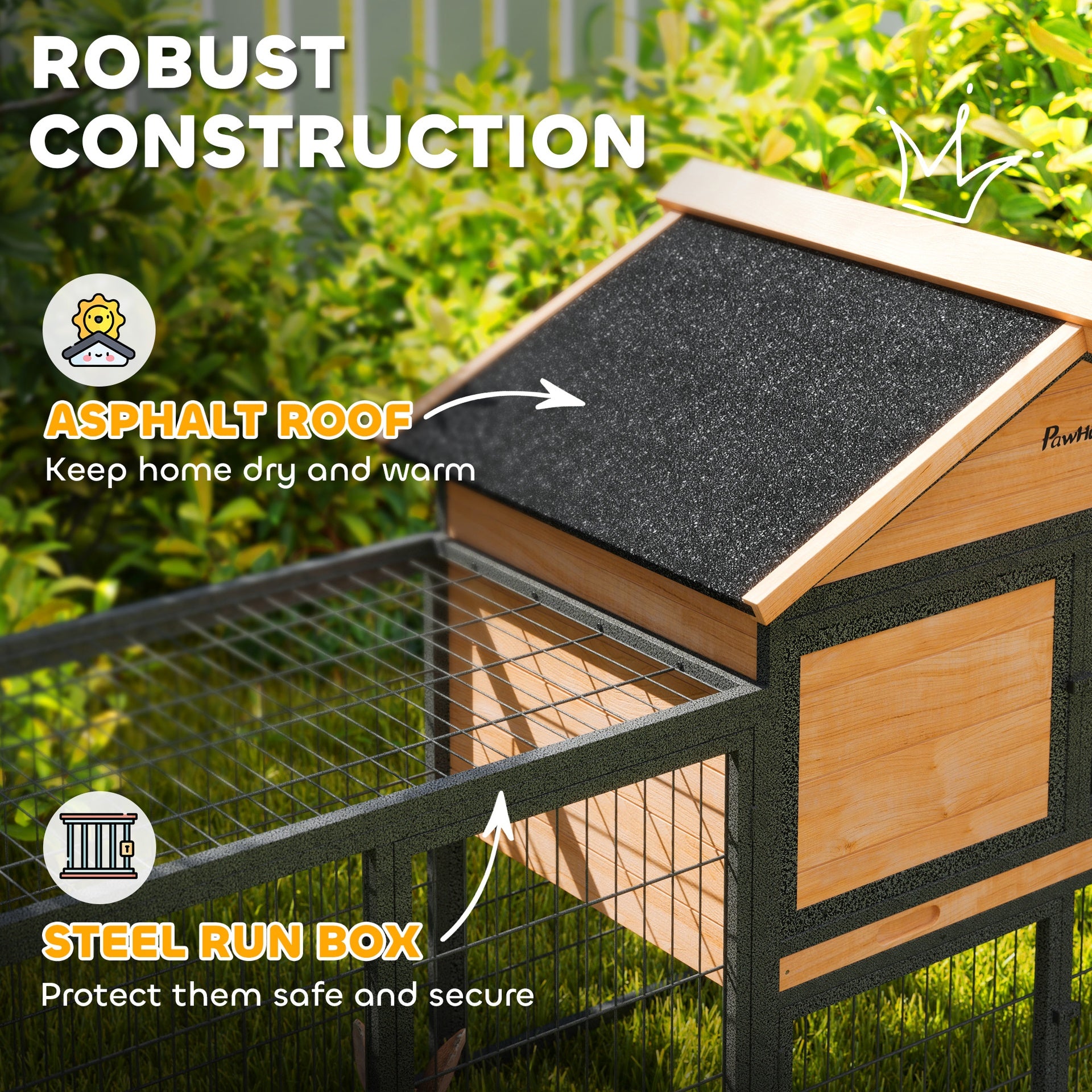 PawHut Wooden Rabbit Hutch Outdoor, 85" Large Bunny Cage with Steel Run, Removable Plastic Tray, Asphalt Roof, Ramp