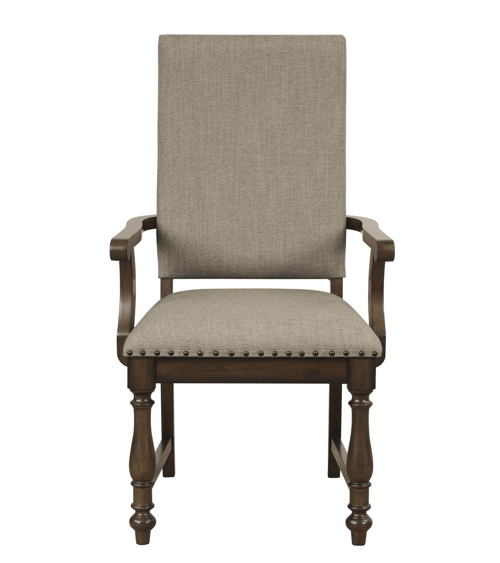 Traditional Classic Brown Armchairs Set of 2 Beige Fabric Upholstered Nailhead Trim Wooden Dining Room Furniture