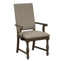 Traditional Classic Brown Armchairs Set of 2 Beige Fabric Upholstered Nailhead Trim Wooden Dining Room Furniture