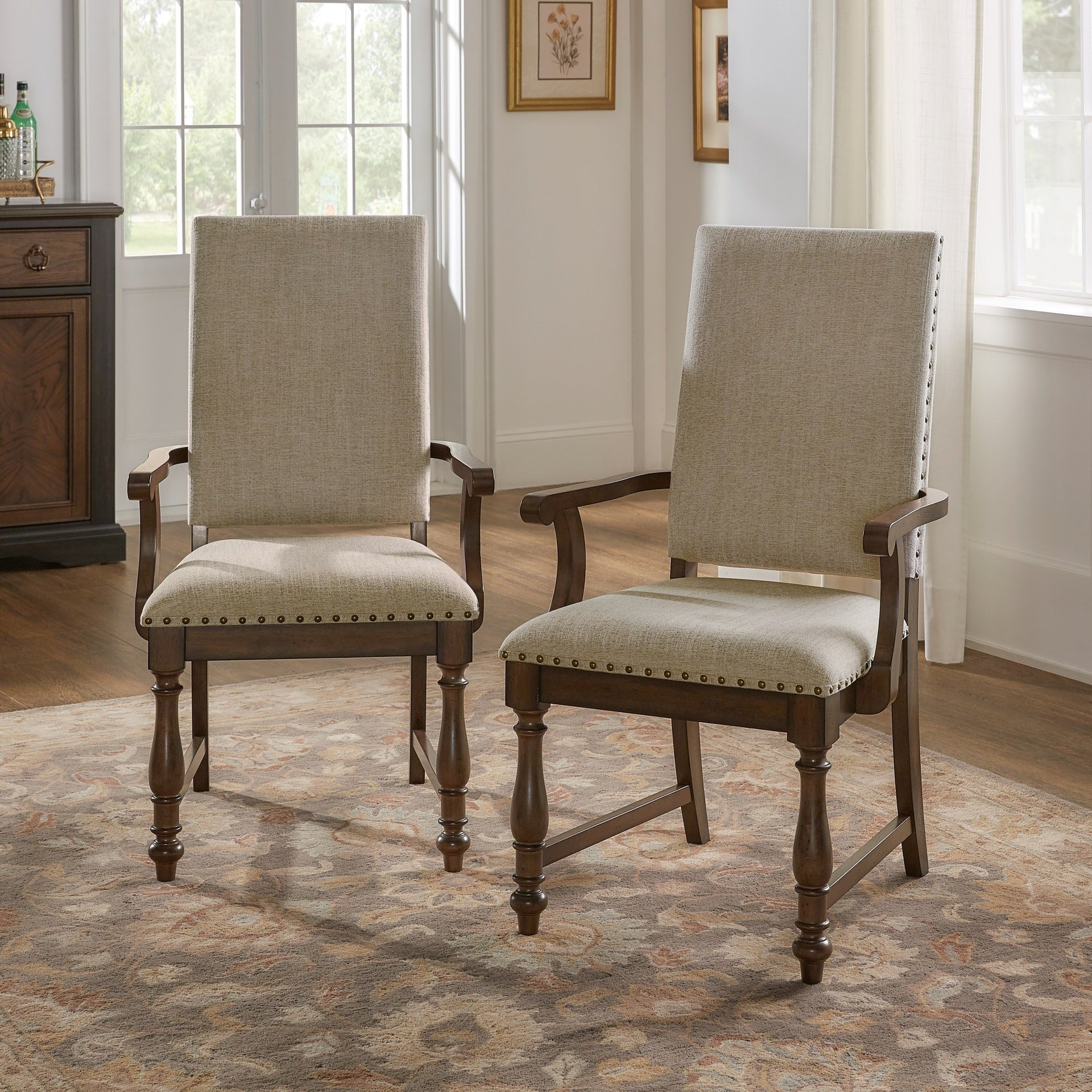 Traditional Classic Brown Armchairs Set of 2 Beige Fabric Upholstered Nailhead Trim Wooden Dining Room Furniture