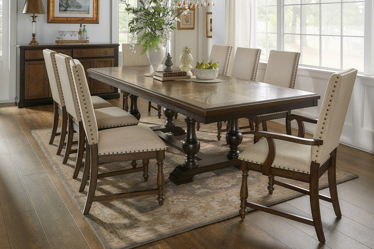 Traditional 9pc Dining Set Table with Extension Leaf 2 Armchairs 6 Side Chairs Beige Fabric Upholstered Nailhead Trim Brown Classic Dining Room Furniture