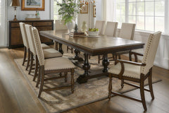 Traditional 9pc Dining Set Table with Extension Leaf 2 Armchairs 6 Side Chairs Beige Fabric Upholstered Nailhead Trim Brown Classic Dining Room Furniture