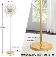 69 inch Crystal Floor Lamp, Modern Standing Lamp with K9 Crystal, LED Floor Lamp with On/Off Foot Switch, Metal Tall Pole Lamp for Living Room, Girls Room, Bedroom, Dresser, Office, Gold Finish