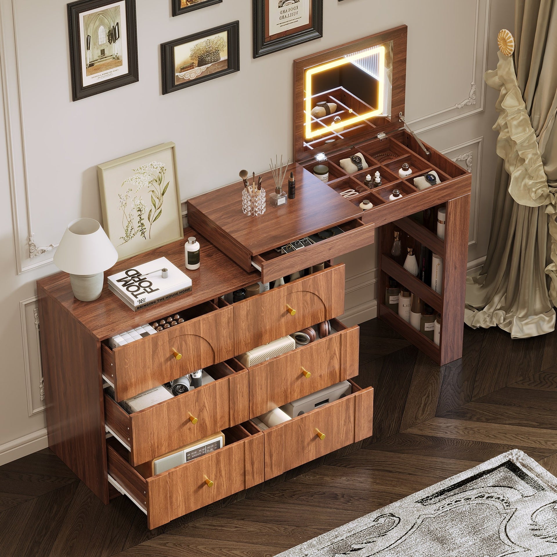 Vanity Desk with Mirror and Lights, Makeup Vanity Table with Flip-Top Tabletop and Storage 7 Drawers, 9 Compartments, 3 Shelves, 3 Color Modes Adjustable Makeup Table for Bedroom, Walnut (N733P279096)