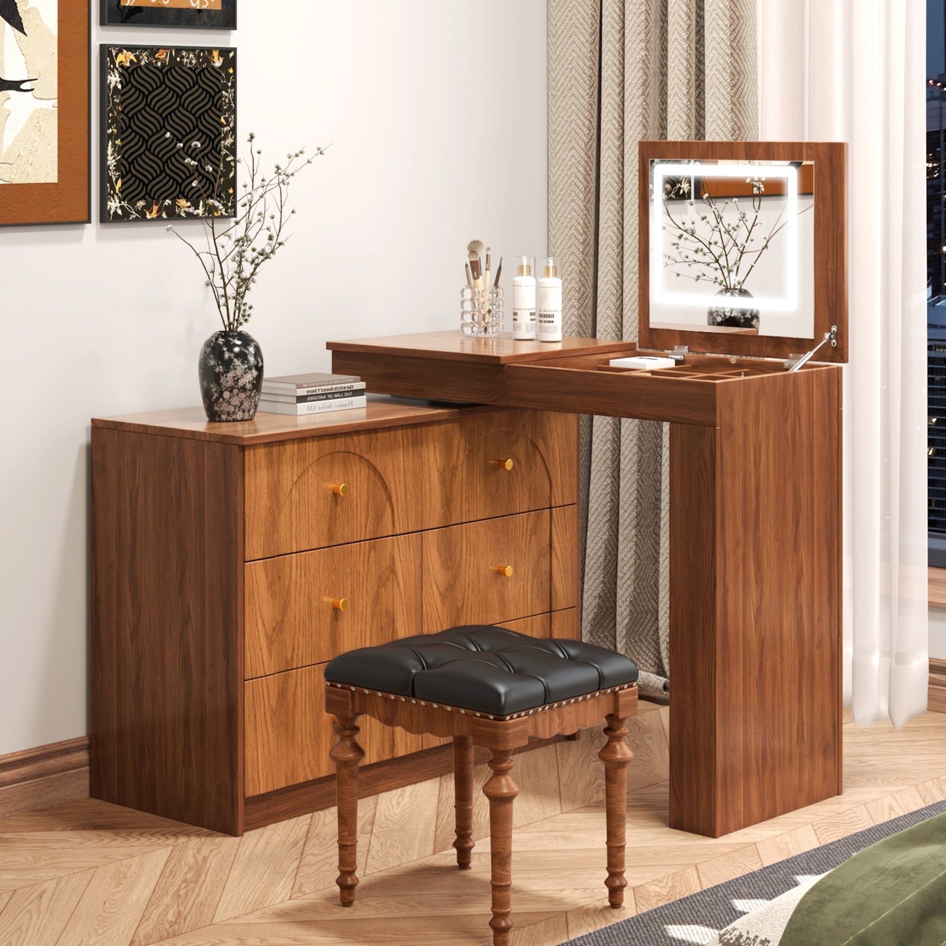 Vanity Desk with Mirror and Lights, Makeup Vanity Table with Flip-Top Tabletop and Storage 7 Drawers, 9 Compartments, 3 Shelves, 3 Color Modes Adjustable Makeup Table for Bedroom, Walnut (N733P279096)