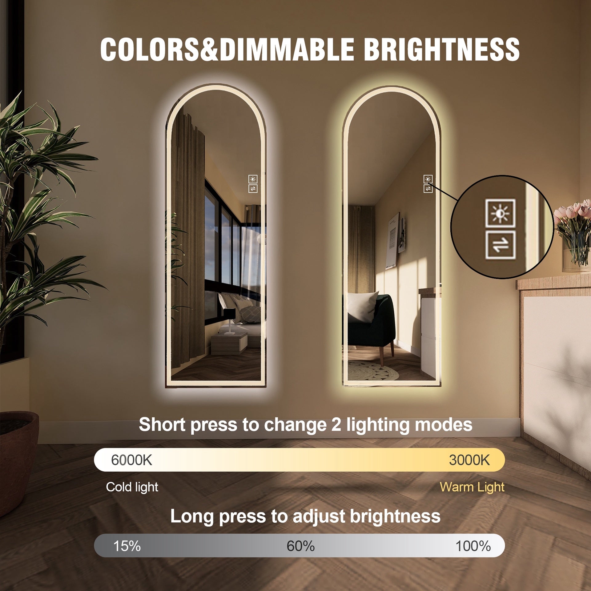 65" x 21"  Arch LED Bathroom Mirror - Dimmable Wall Mount Vanity Mirror with Anti-Fog, Shatterproof Glass, Tri-Color Lighting for Makeup Studio & Home Gym