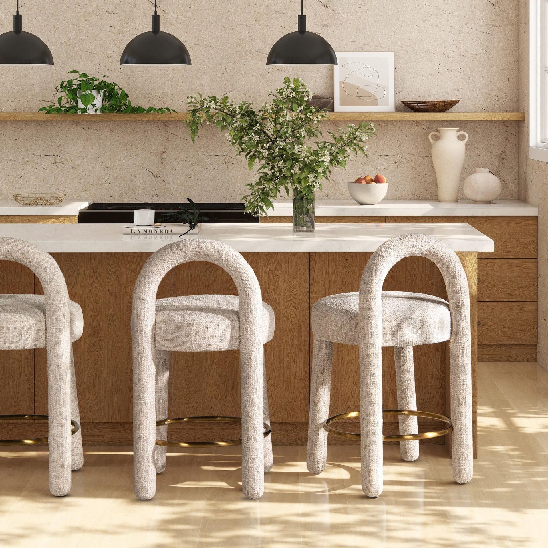 Penny 26.5" Round Arched Upholstered Counter Stool, Set of 2, Travertine Beige Chenille