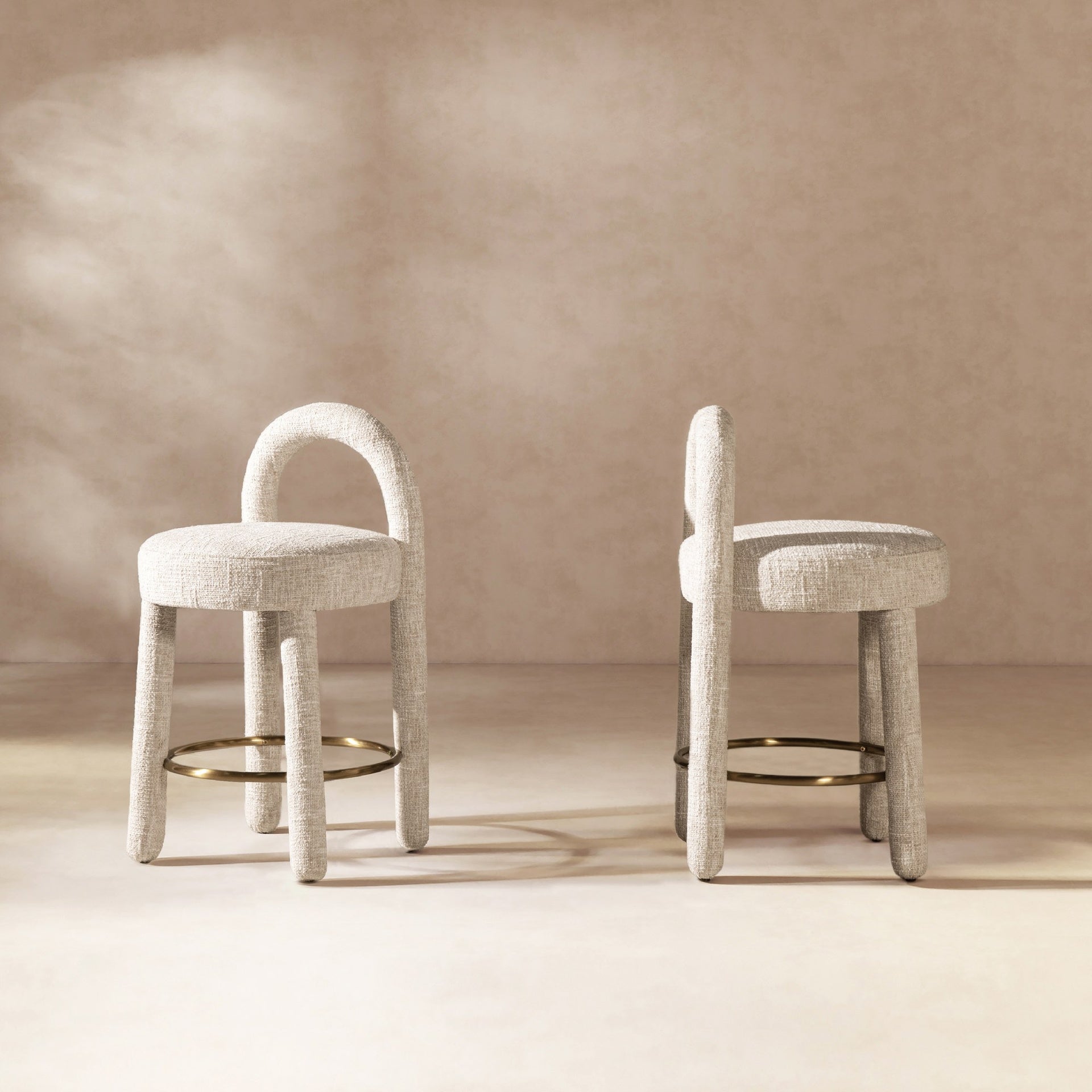 Penny 26.5" Round Arched Upholstered Counter Stool, Set of 2, Travertine Beige Chenille