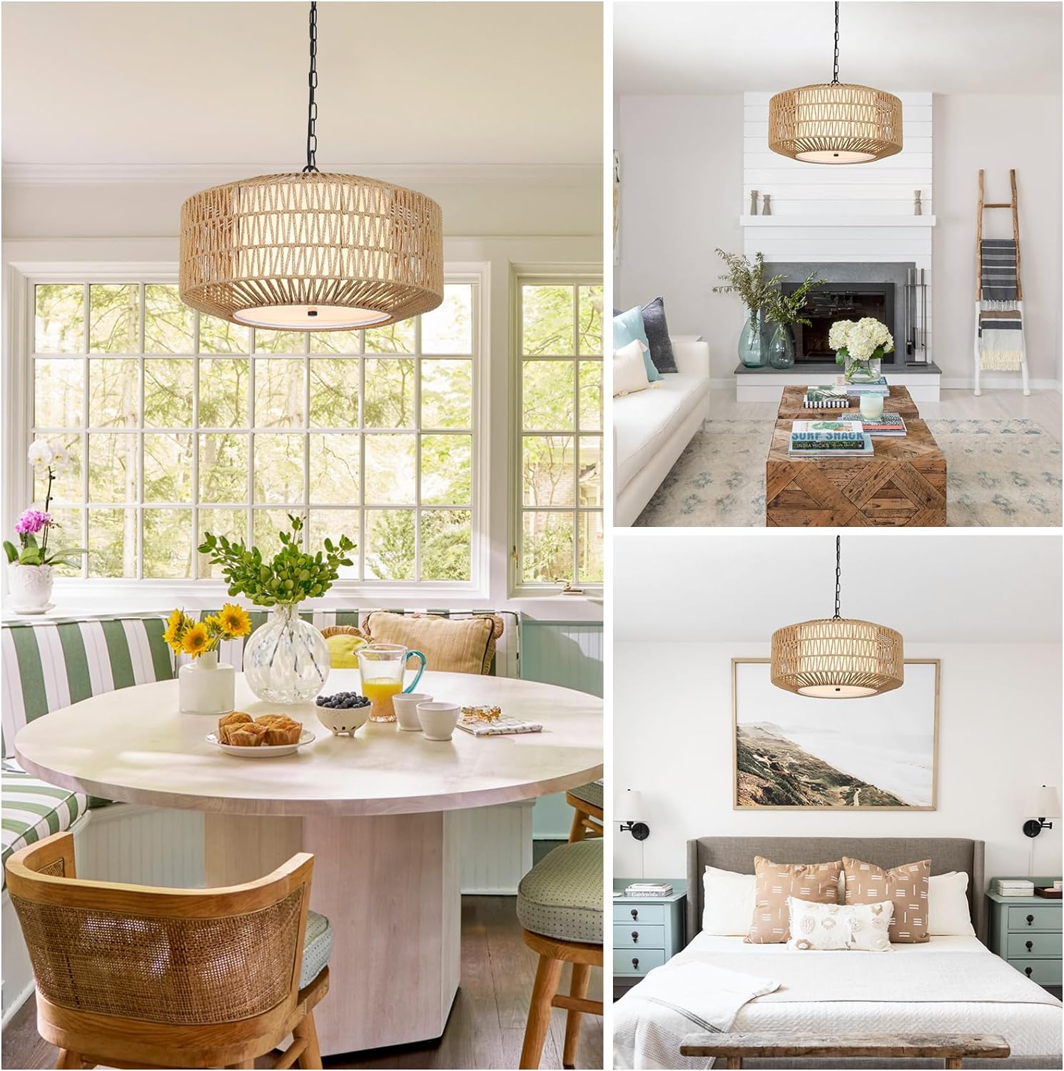 Farmhouse Chandelier Light Fixture,4-Light Rattan Boho Chandeliers for Dining Room with Fabric Shade,Hand Woven Large Rattan Dining Room Light Fixture for Kitchen Bedroom Island Hallway