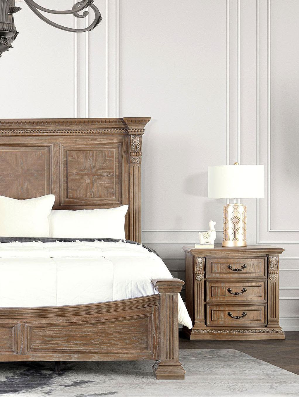 Luxurious Traditional Look 1pc Nightstand Weather Oak Finish Curved Detail Bedroom Furniture Solid wood Bedside Table