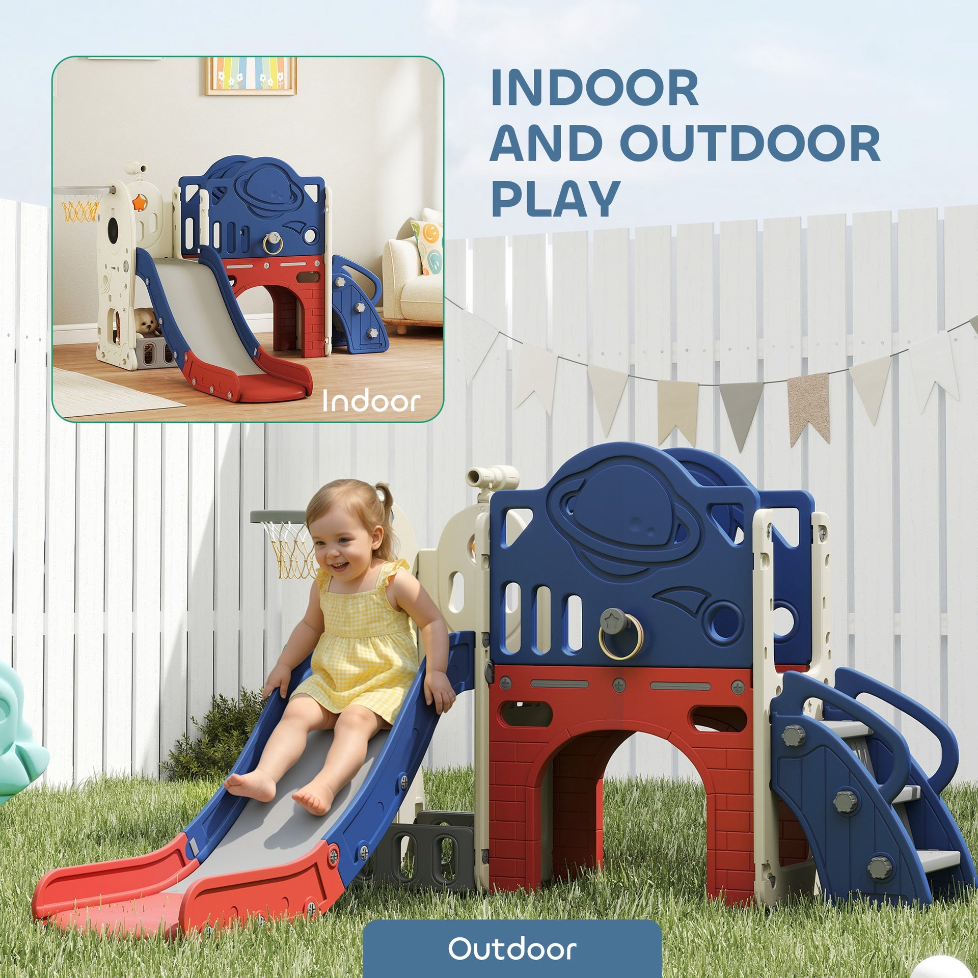 Qaba 8-in-1 Toddler Slide Set with Basketball Hoop, Indoor Outdoor Playground Playset for Kids, Blue